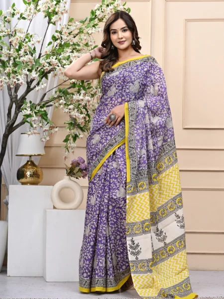 Purple Yellow Bagru Handblock Printed Mulmul Cotton Saree with Blouse