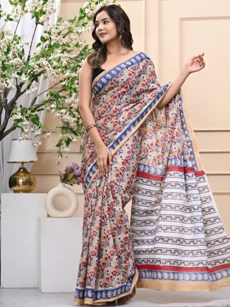 Premium Handblock Beige Mulmul Cotton Saree with Blouse