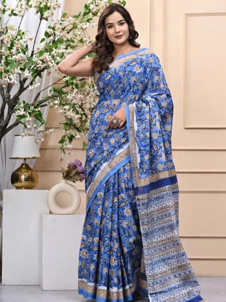Blue Traditional Jaal Handblock Printed Mulmul Cotton Saree