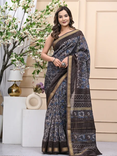 Elegant Vanaspati Ajrakh Maheshwari Silk Saree with Blouse