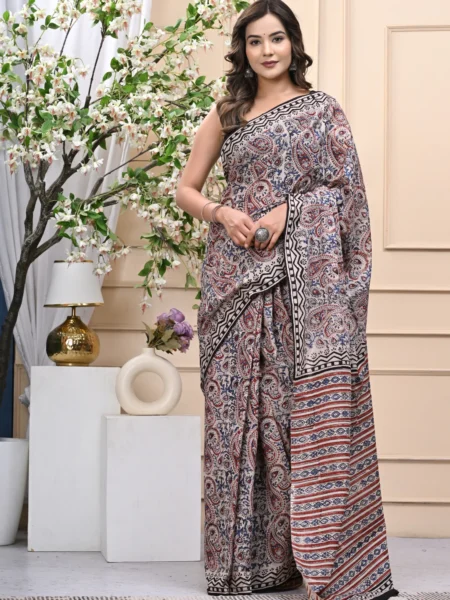 Bagru Kalamkari Handblock Printed Mulmul Cotton Saree
