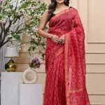 Reddish Pink Handblock Printed Maheshwari Silk Saree with Blouse