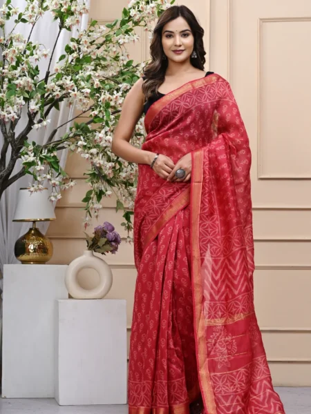 Reddish Pink Handblock Printed Maheshwari Silk Saree with Blouse