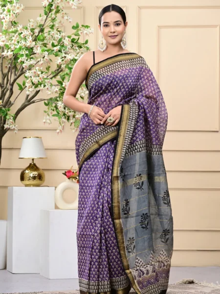 Purple Handblock Print Maheshwari Silk Sarees
