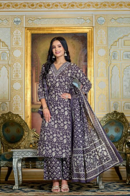 Stylish and Graceful – A-line Kurta Palazzo Suit Set with Malmal Dupatta