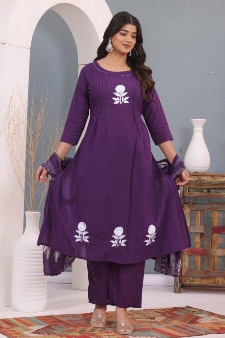 Elegant A-Line Kurta Palazzo Dupatta Set | Embroidered & Discharge Dyed